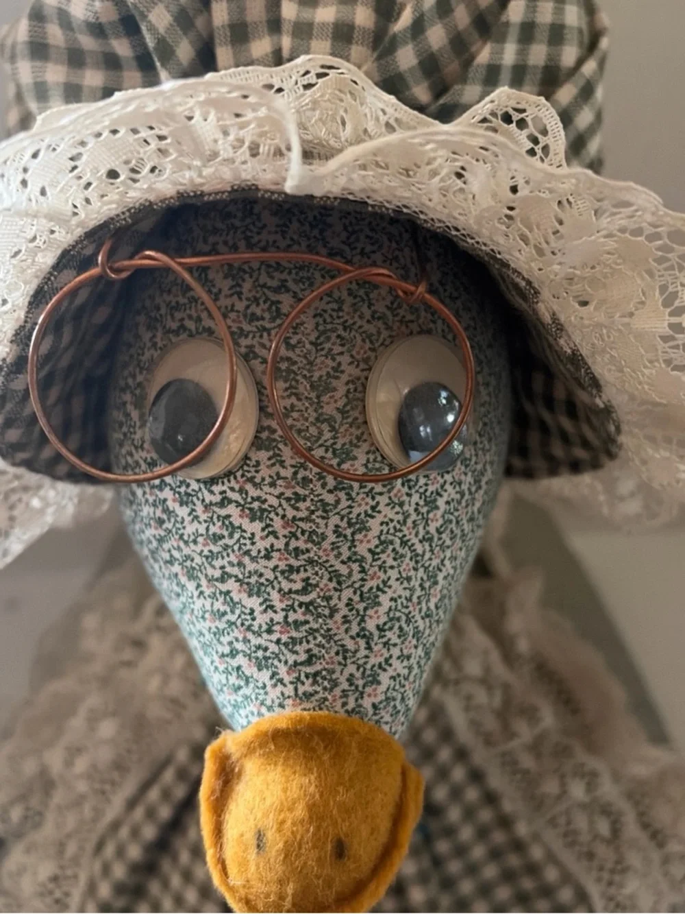 Handmade Fabric Bird Toy in Green Gingham with Yellow Beak